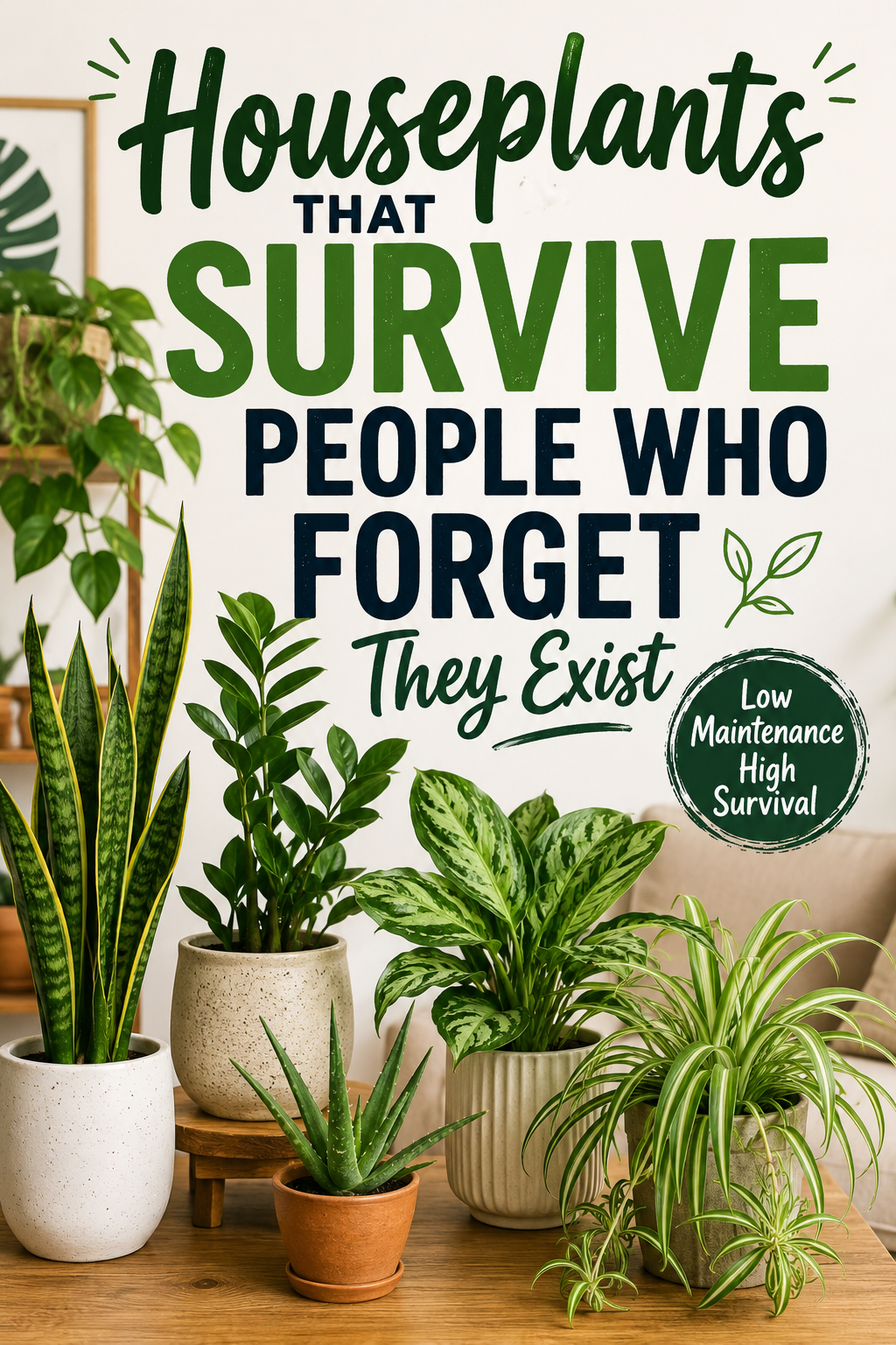 Collection of low maintenance houseplants including snake plant, ZZ plant, spider plant, and aloe with text reading "Houseplants That Survive People Who Forget They Exist."