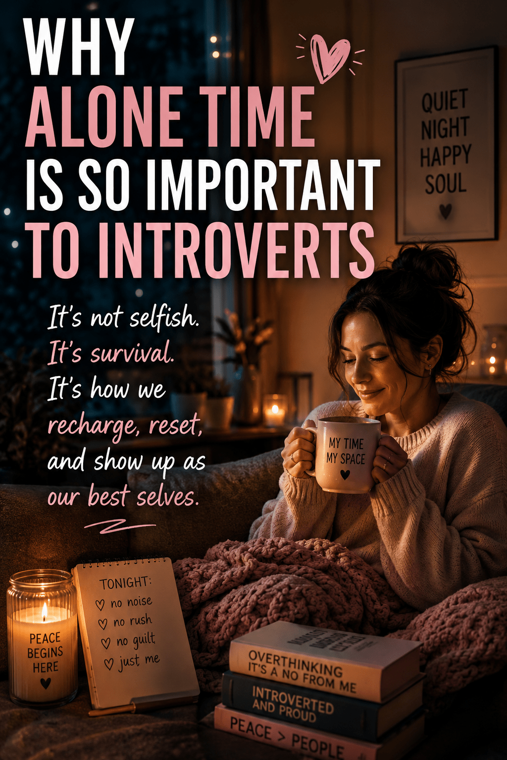 A cozy nighttime scene showing a relaxed woman wrapped in a blanket on a couch, holding a mug that says “My Time My Space.” Warm candlelight and soft lights glow around the room while large text explains why alone time is important to introverts. The peaceful setting captures the quiet comfort of late-night solitude and recharging after a long day.
