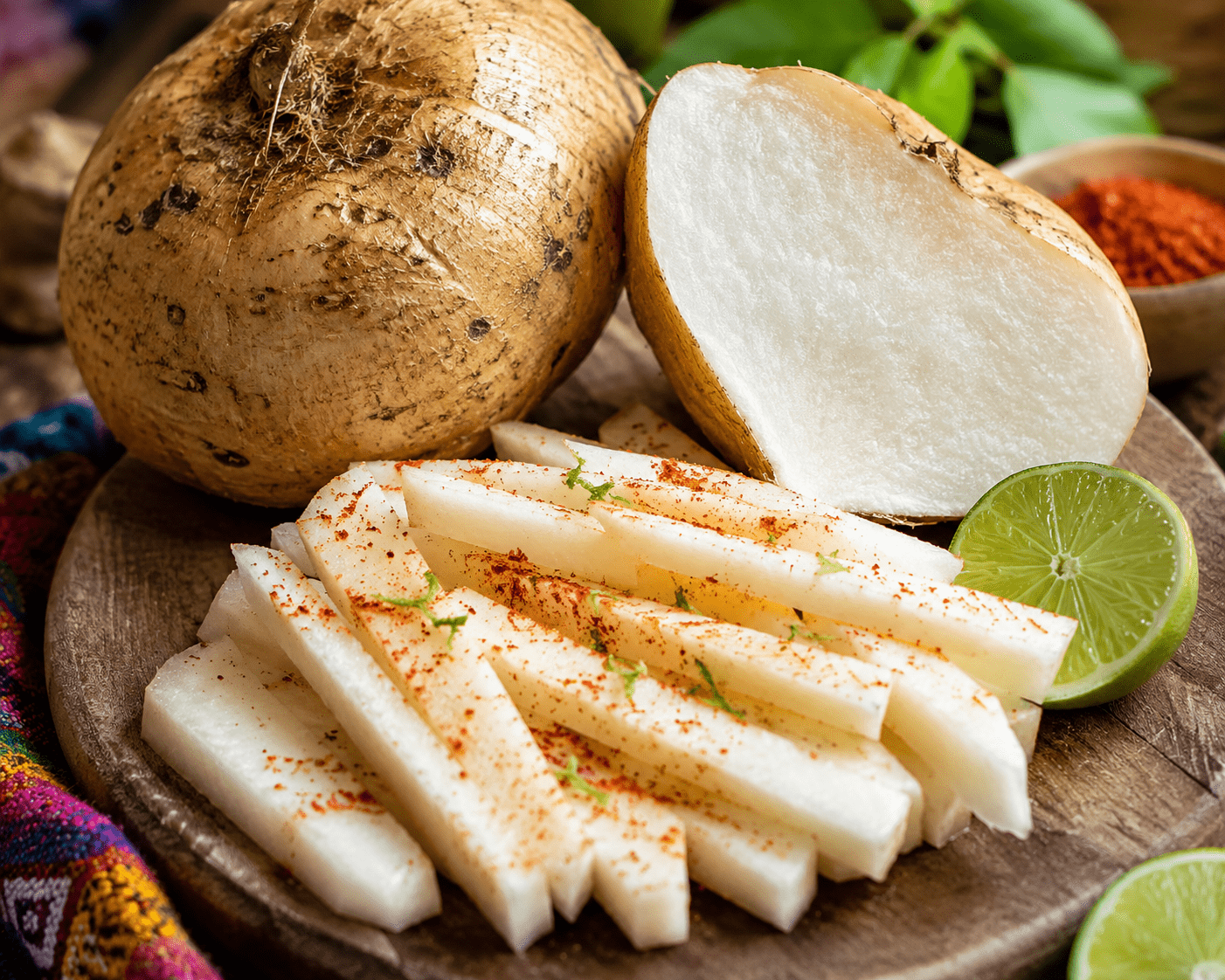 The image shows fresh sliced jicama with chili seasoning and lime in a vibrant, food-focused style.