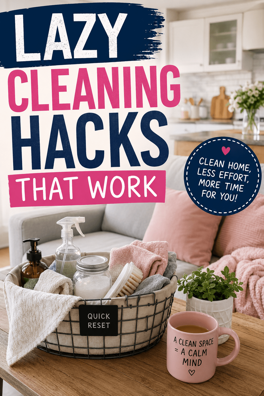 Cozy home cleaning scene with bold text reading “Lazy Cleaning Hacks That Work” alongside a basket of cleaning supplies in a bright modern living room.