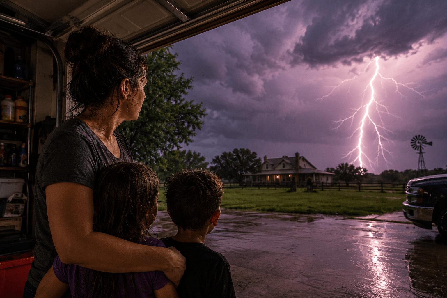 Family watching a powerful Texas lightning storm safely from inside a garage.