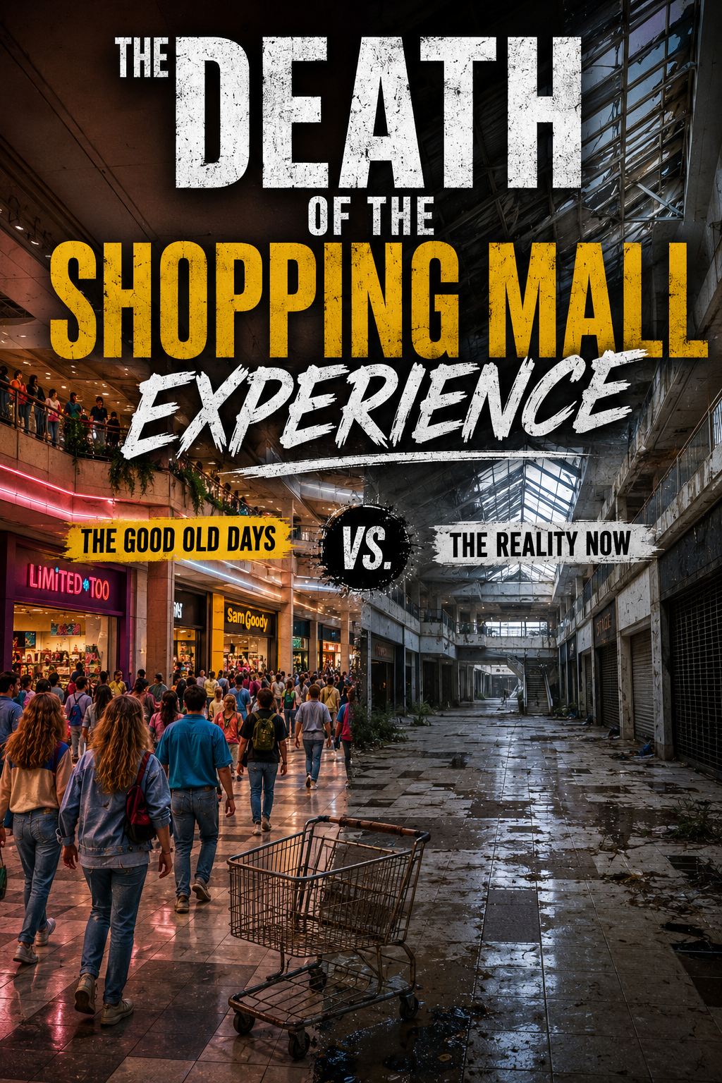 Split-image showing a crowded nostalgic shopping mall on one side and an abandoned empty mall on the other with bold text reading “The Death of the Shopping Mall Experience.”