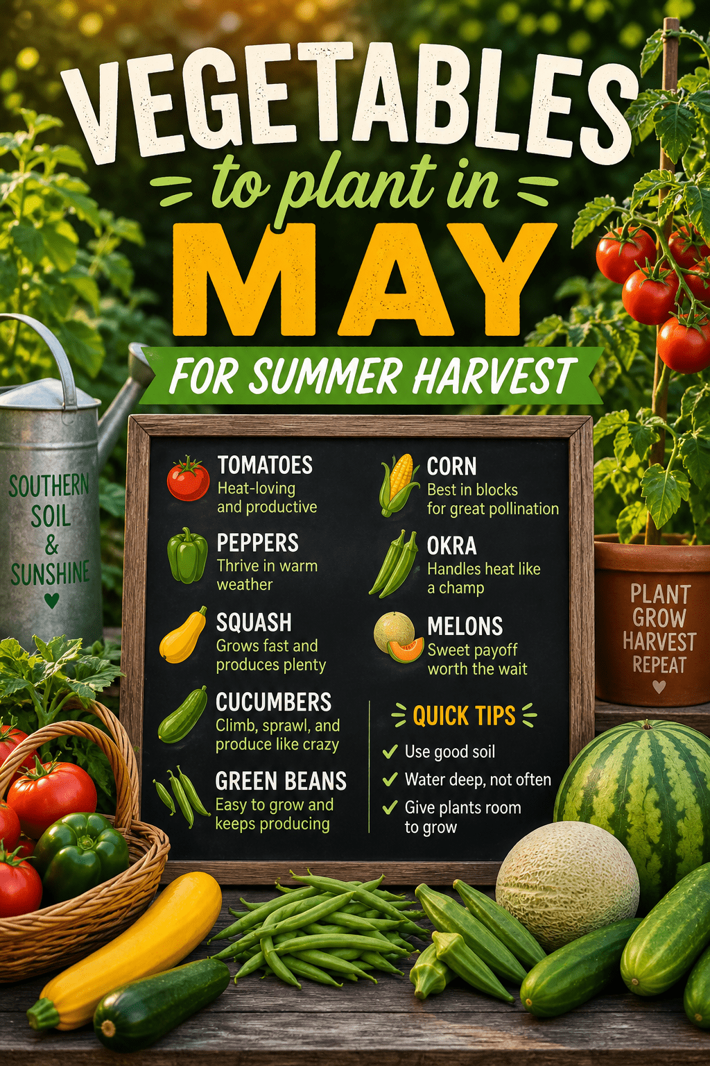 Colorful garden scene with baskets of fresh vegetables including tomatoes, peppers, squash, cucumbers, green beans, corn, watermelon, cantaloupe, and okra, with bold text reading “Vegetables to Plant in May for Summer Harvest” and a rustic sign that says “Plant Now. Water Well. Harvest Big.”
