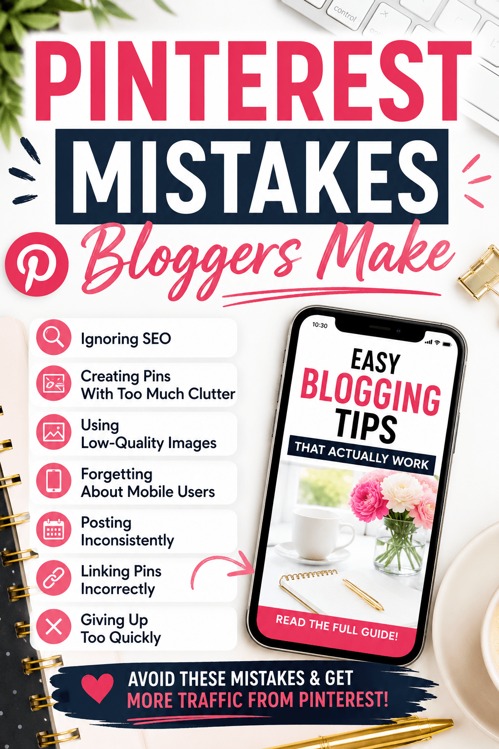 Pinterest mistakes bloggers make graphic with blogging tips and phone mockup.