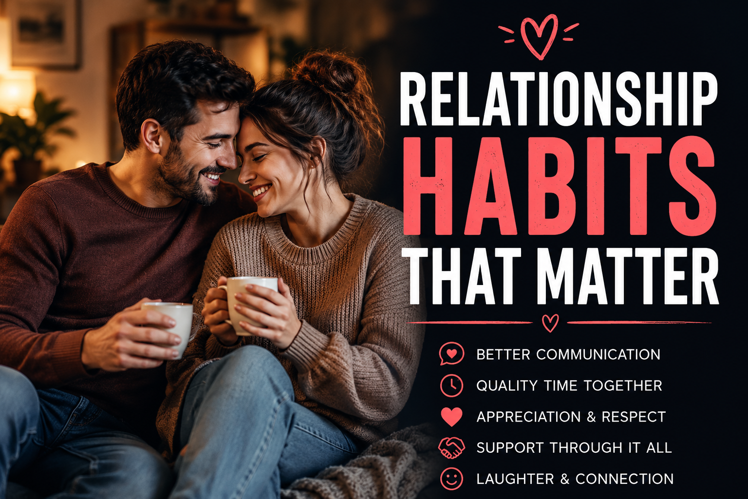 Couple sitting together on a couch smiling and holding warm drinks beside bold text reading “Relationship Habits That Matter” with relationship tips listed alongside them.