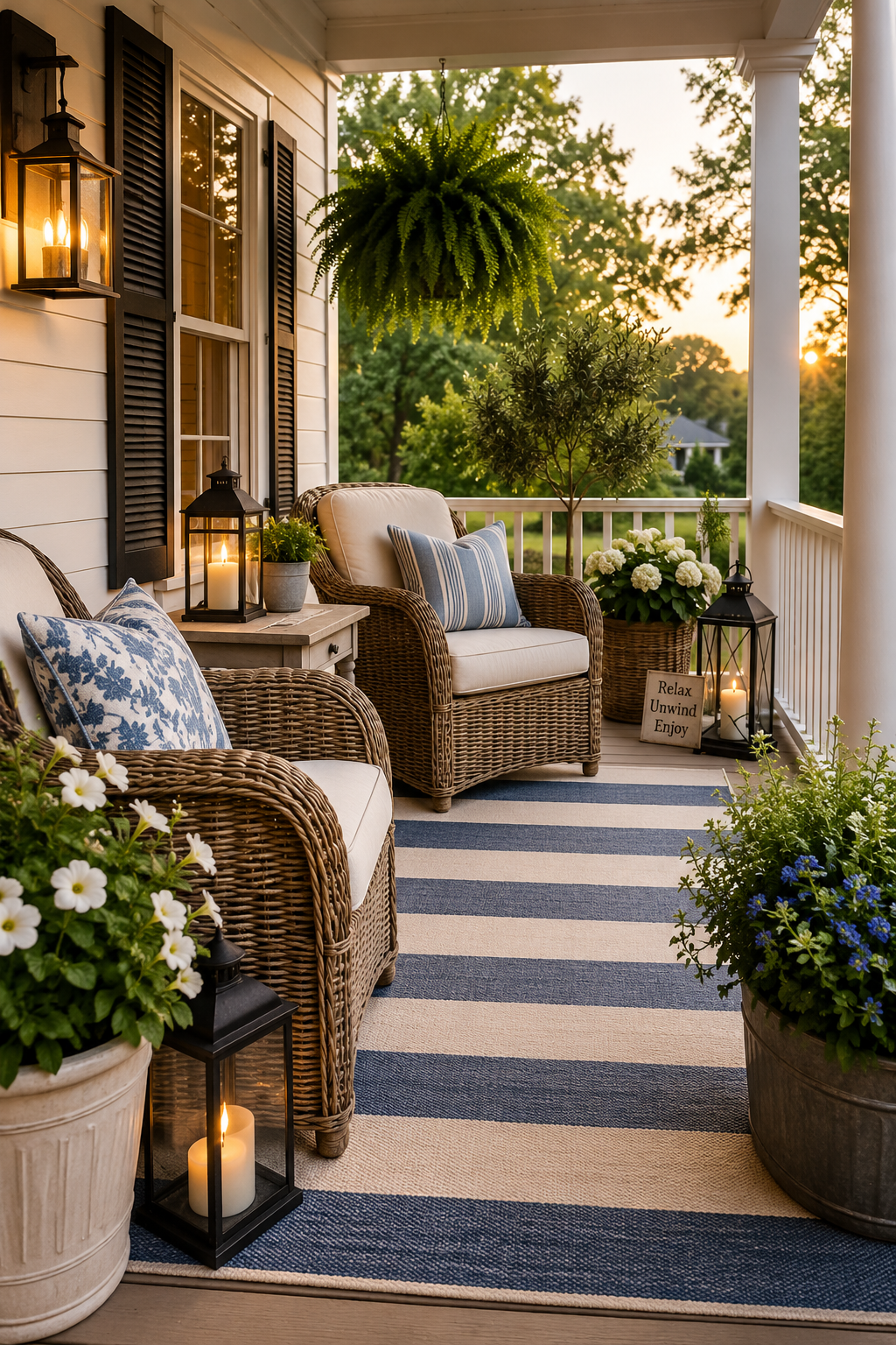Neutral summer porch with simple decor and plants