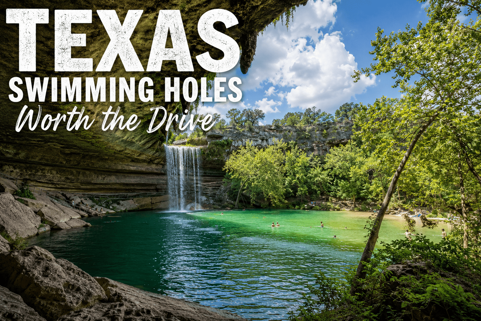 Scenic Texas swimming hole surrounded by limestone cliffs, trees, and clear turquoise water with swimmers enjoying a sunny summer day and a waterfall in the background.