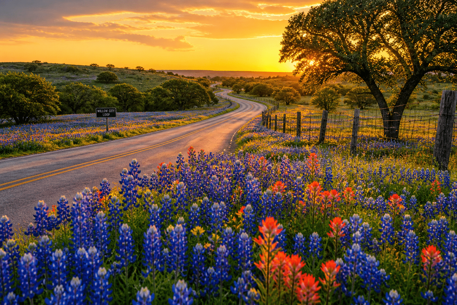 Texas country road surrounded by blooming bluebonnets and wildflowers at sunset