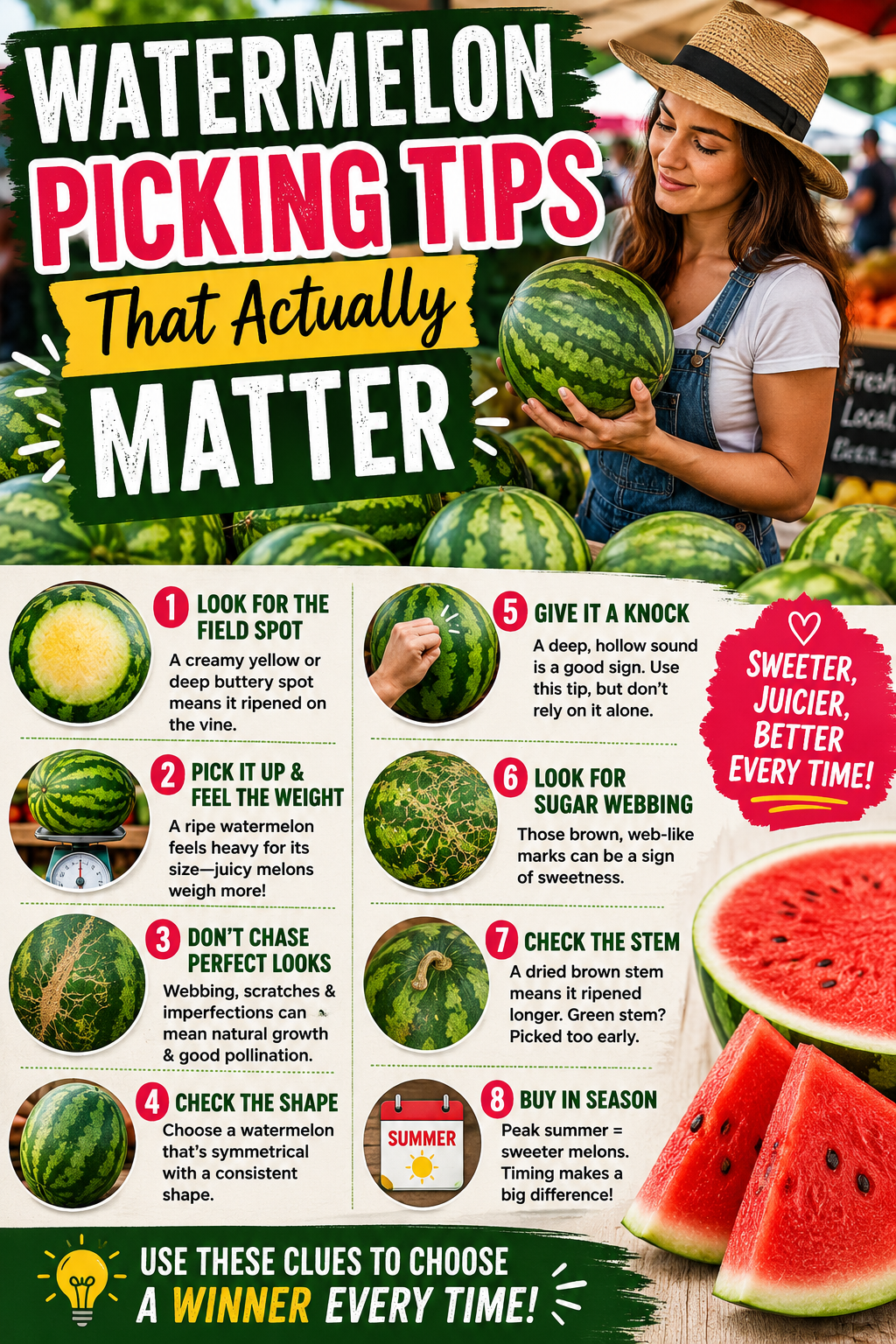 A bright summer farmers market scene with piles of fresh watermelons, hands lifting and checking melons, close-up details of creamy yellow field spots and sugar webbing, bold Pinterest-style layout, vibrant colors, juicy sliced watermelon in foreground, eye-catching text that says "Watermelon Picking Tips That Actually Matter"