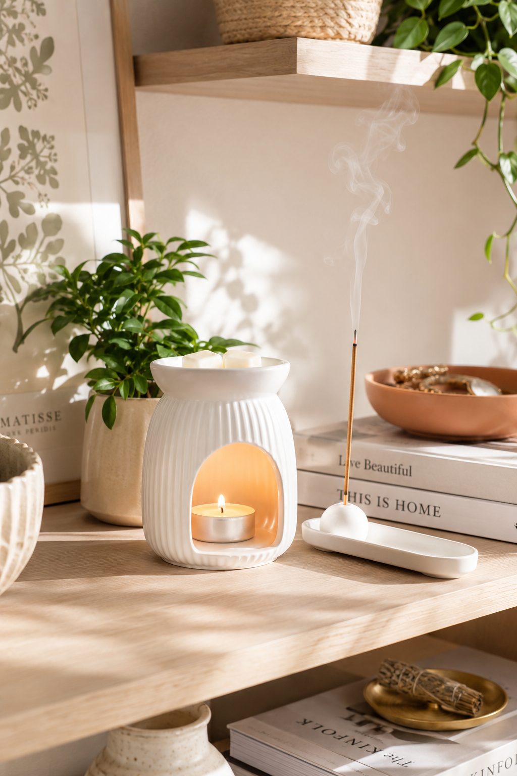 Bright and airy cozy home shelfscape, a white ceramic wax warmer glowing warmly next to a sleek incense holder with a thin curl of smoke rising, small green plant
