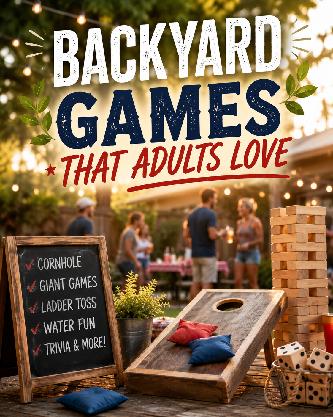 A warm, inviting backyard party scene at golden hour featuring adults gathered under glowing string lights with classic lawn games set up throughout the yard. In the foreground are a rustic cornhole board with red and blue bean bags, an oversized wooden Jenga tower, giant dice, and a chalkboard listing popular backyard games. Large bold text across the top reads: “Backyard Games That Adults Love.” The overall feel is colorful, relaxed, and fun with a Southern summer cookout vibe.