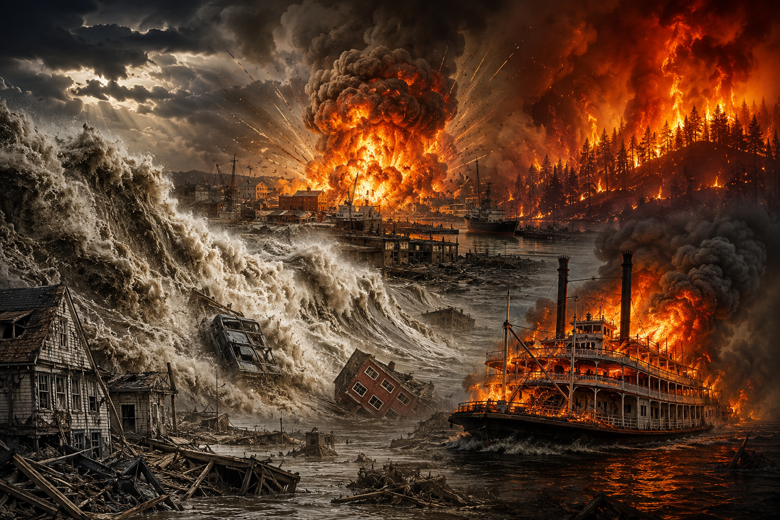 Dramatic collage depicting forgotten historic disasters including floods, explosions, wildfires, and maritime tragedies.