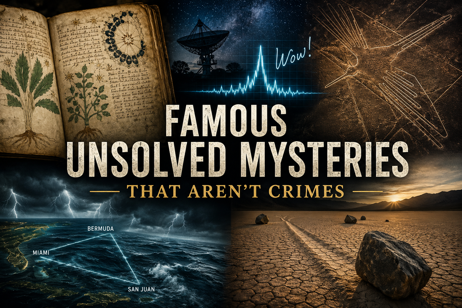 Mysterious collage featuring the Voynich Manuscript, Nazca Lines, Bermuda Triangle waters, and other famous unsolved mysteries.