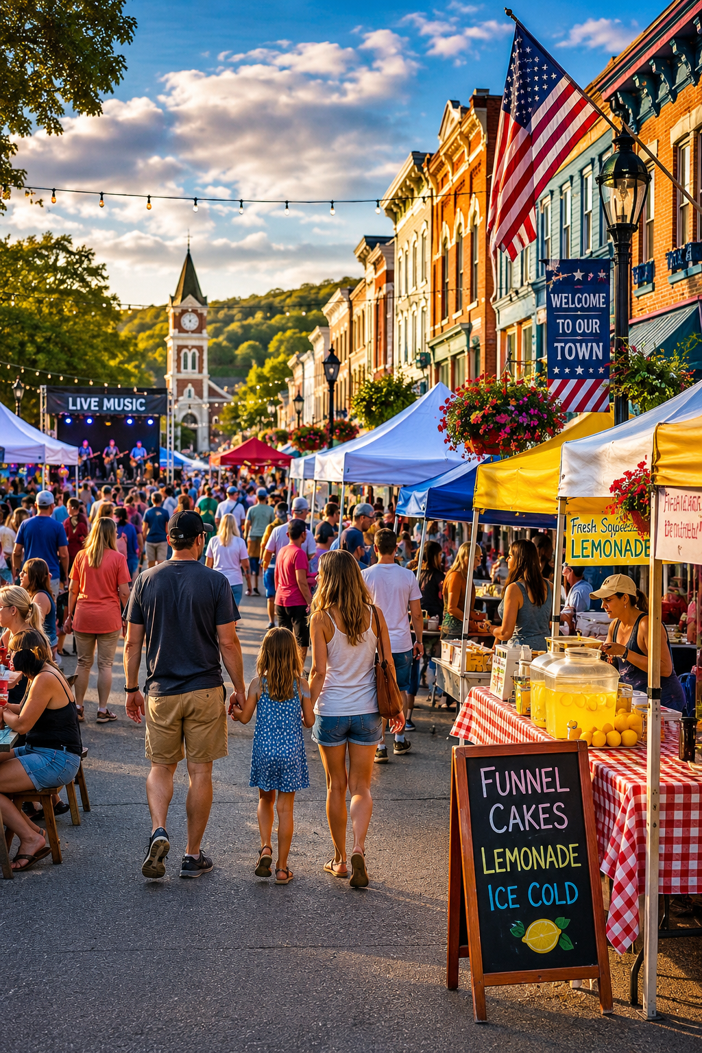 Small town festival with colorful tents, food vendors, live music, and families enjoying a sunny day on Main Street.