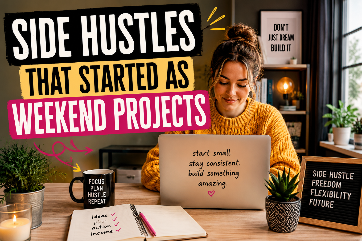 Woman working at a cozy home office desk with bold text reading “Side Hustles That Started As Weekend Projects.” Warm lighting, laptop, notebook, coffee mug, plants, and motivational workspace details create an inspiring, entrepreneurial atmosphere designed to grab attention while scrolling.