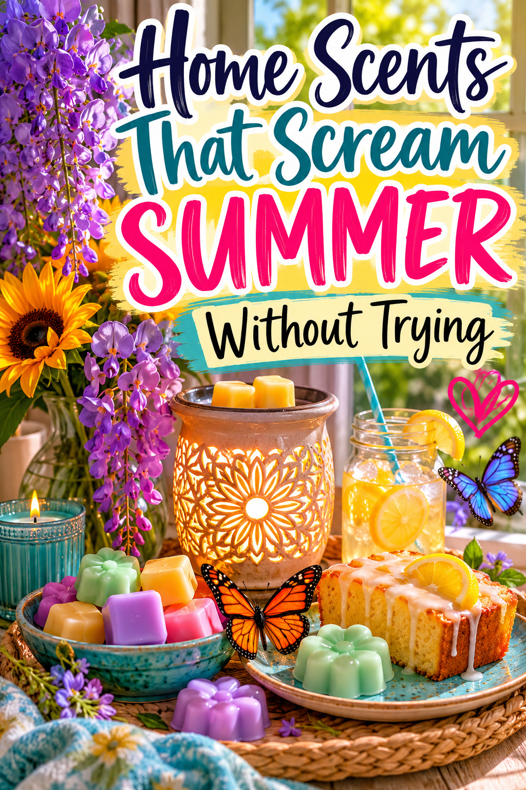 Bright, eye-catching summer promotional graphic featuring wax melt products in vibrant floral and citrus scents, with bold colorful typography reading “Home Scents That Scream Summer Without Trying,” surrounded by sunflowers, wisteria blooms, butterflies, fresh lemon cake, and a glowing wax warmer in a warm, sunlit lifestyle setting.