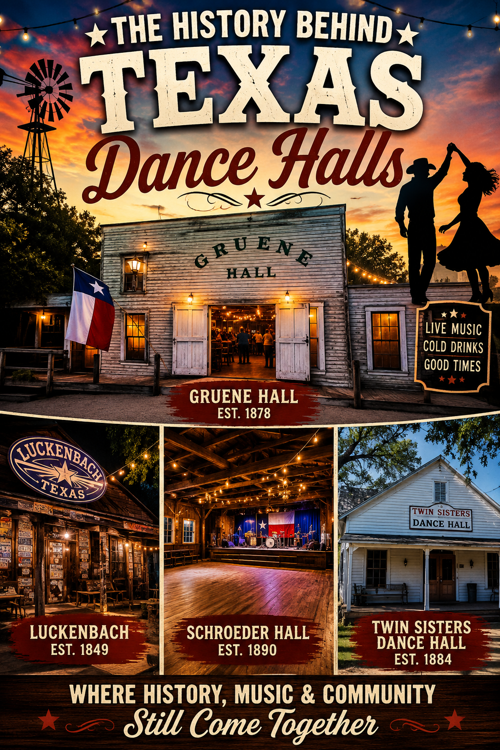 graphic displaying texas dance halls such as the historic gruene hall