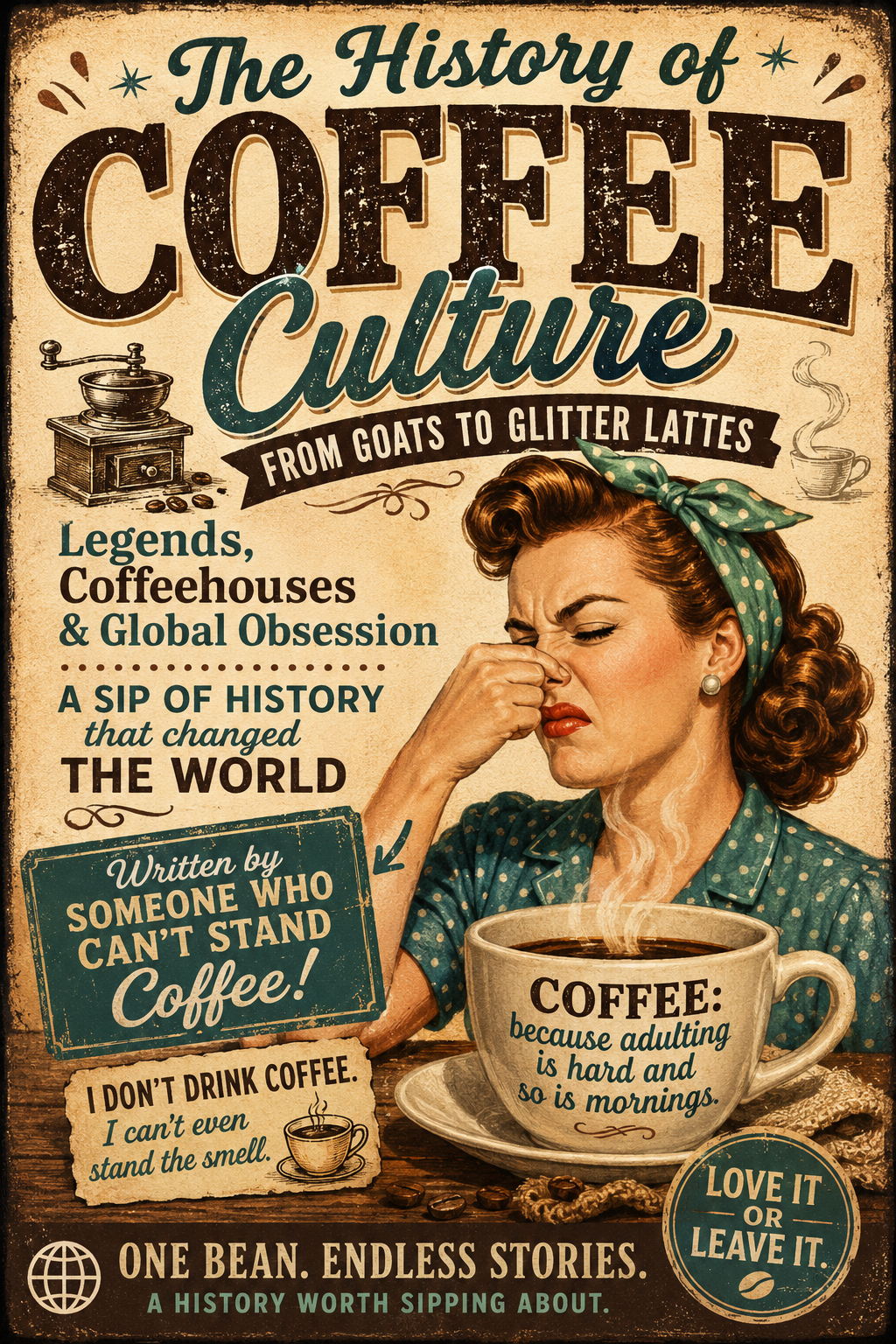 Vintage-style Pinterest graphic about the history of coffee culture featuring retro typography, antique coffee grinder, steaming coffee mug, and a humorous illustration of a woman pinching her nose with the text, "Written by someone who can't stand coffee!" The design highlights coffee's journey from ancient legends to today's trendy café culture.