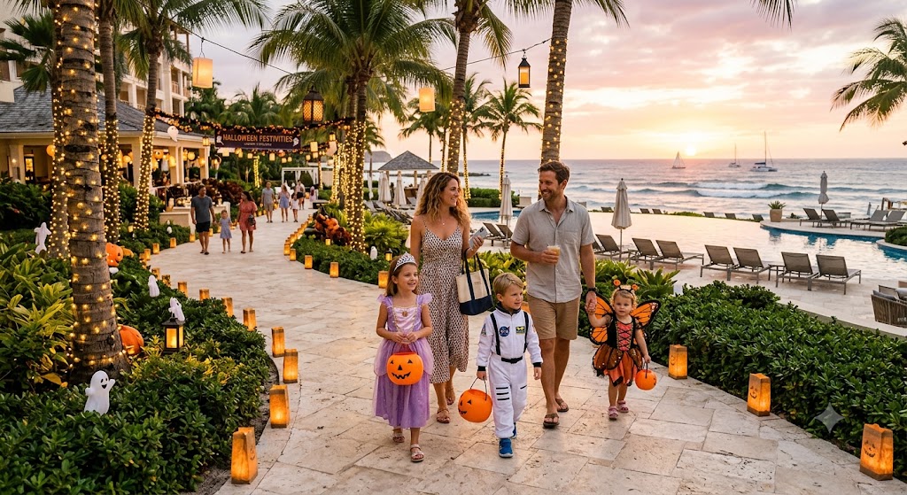 Family enjoying Halloween festivities at a tropical resort in Mexico and the Caribbean with festive decorations and ocean views.