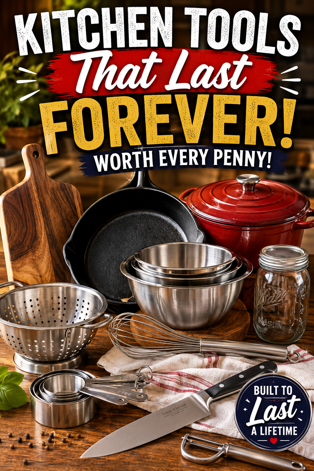 Bright promotional graphic featuring durable kitchen essentials including a cast iron skillet, Dutch oven, chef's knife, stainless steel bowls, measuring cups, whisk, cutting board, colander, peeler, and Mason jar with the headline "Kitchen Tools That Last Forever
