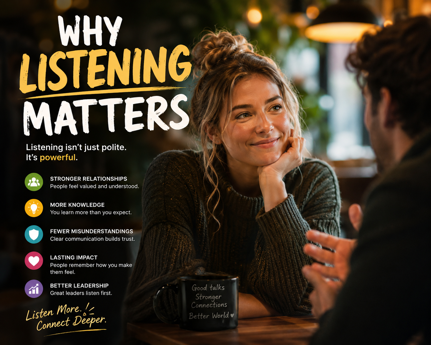 Attentive listener leaning forward during a conversation in a cozy café, illustrating the importance of active listening, trust, and meaningful communication.