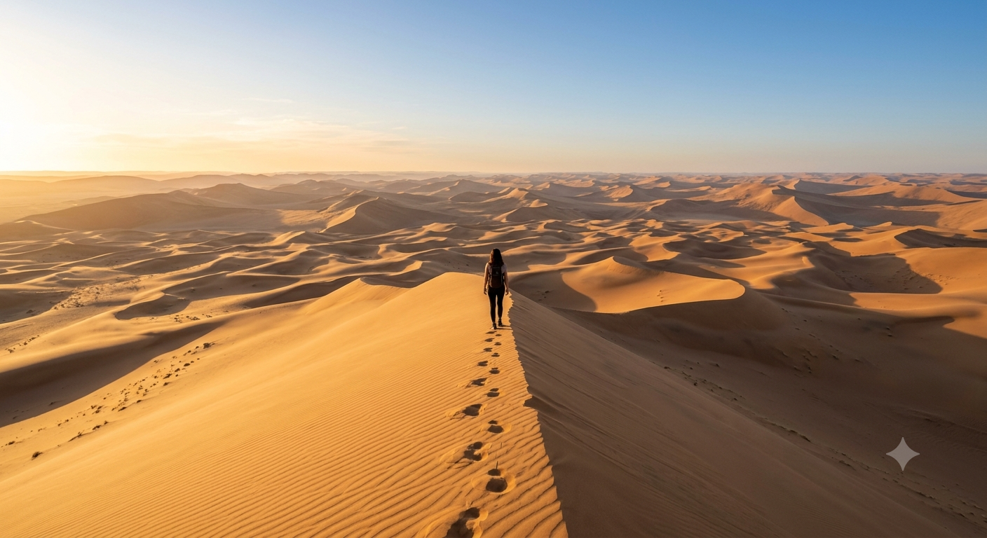 A person walks on the ridge of a giant sand dune at sunrise in Namibia, their footprints left behind. Text in the sky reads: "The World's Quietest Places NAMIBIA SOLITUDE & SILENCE."