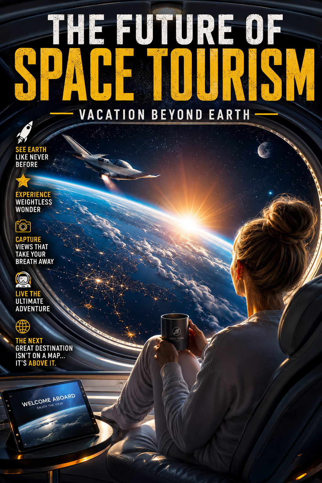 Traveler gazing at Earth through a spacecraft window as the future of space tourism comes to life with stunning orbital views.