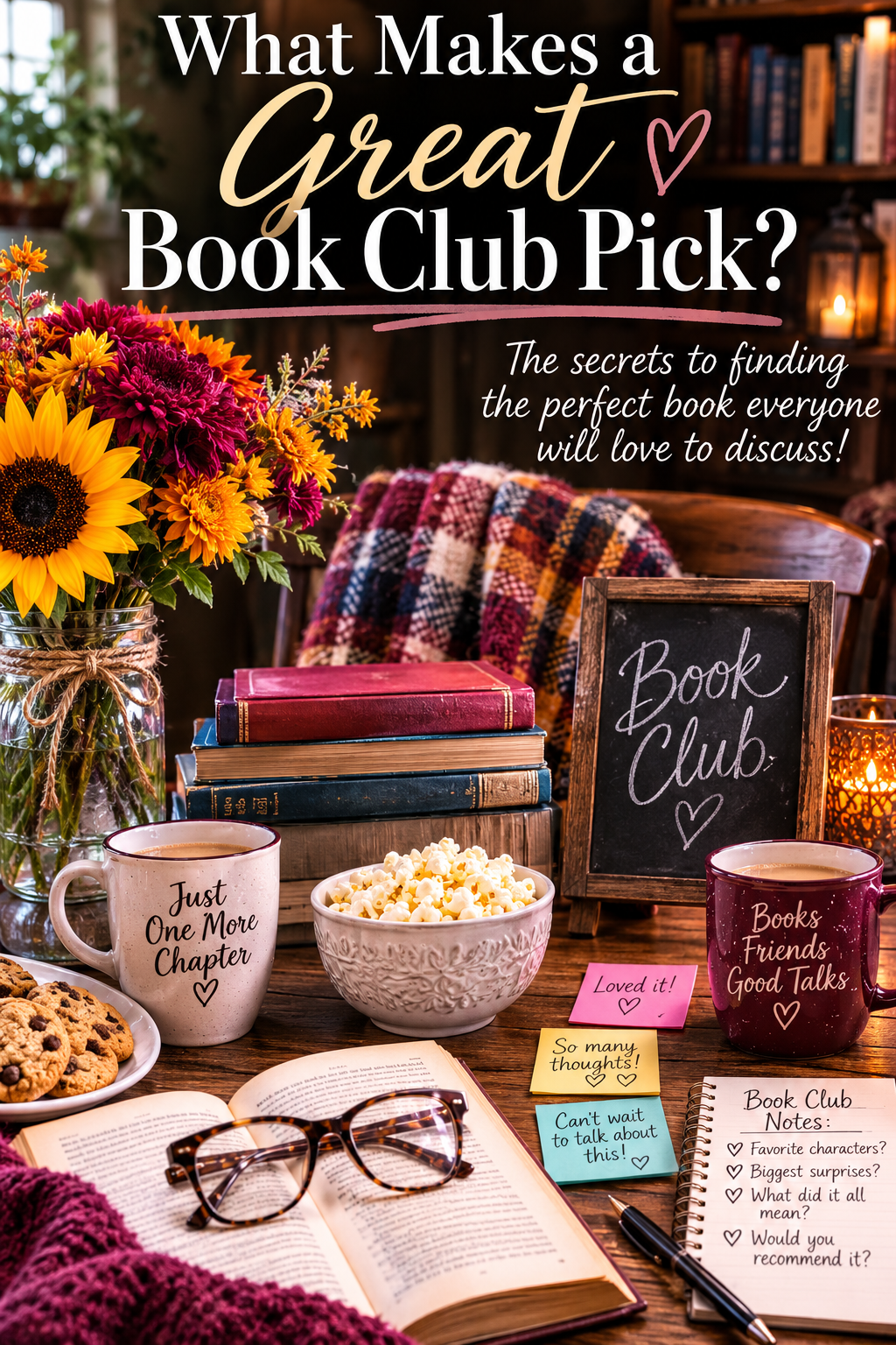 Cozy book club scene with books, coffee, flowers, snacks, and a sign asking what makes a great book club pick.