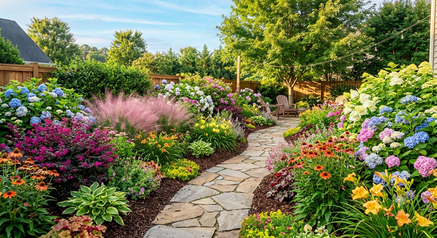 Lush backyard landscape filled with colorful shrubs, ornamental grasses, and flowering perennials.