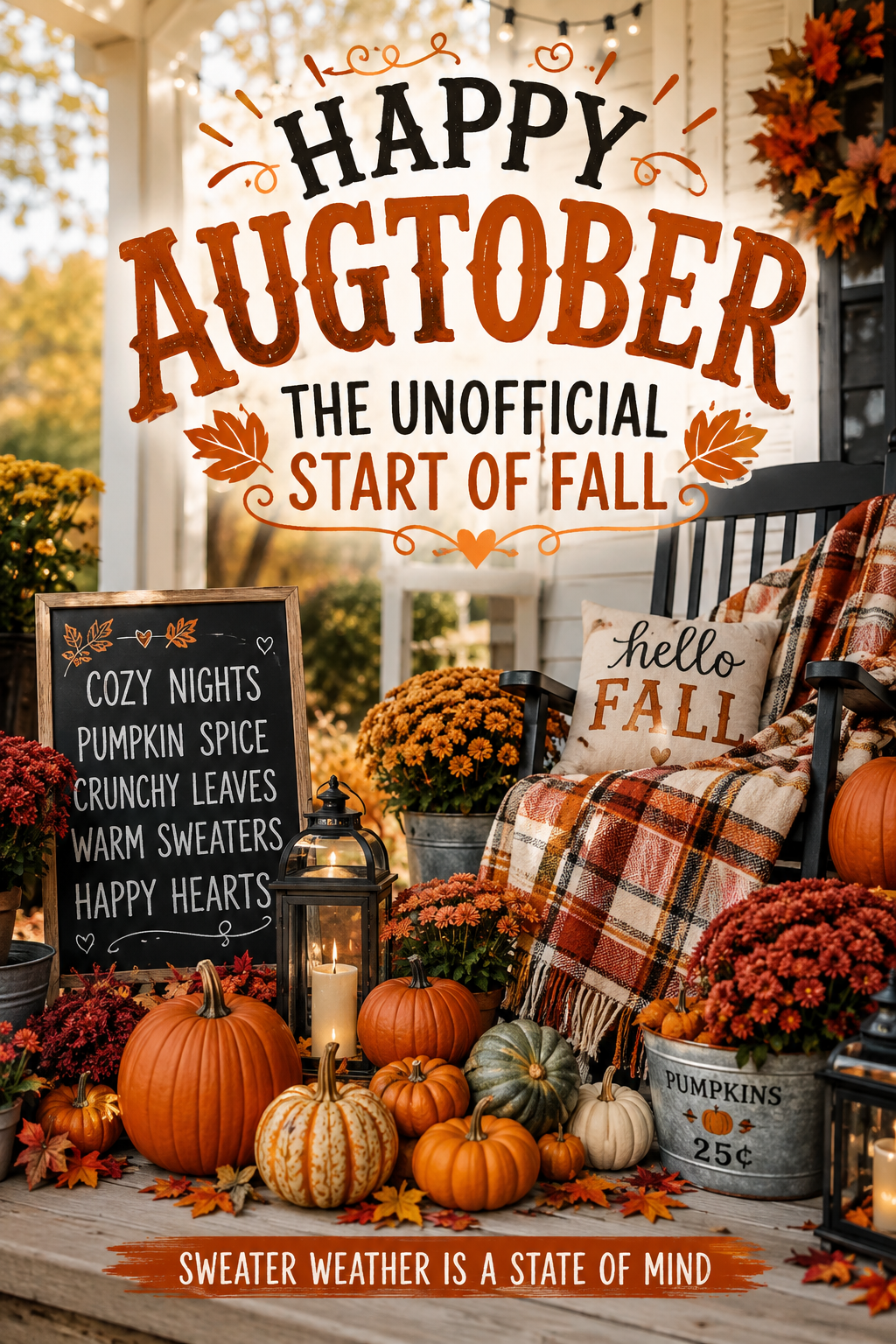 Cozy fall porch decorated with pumpkins, mums, lanterns, plaid blankets, and warm autumn colors celebrating Augtober.