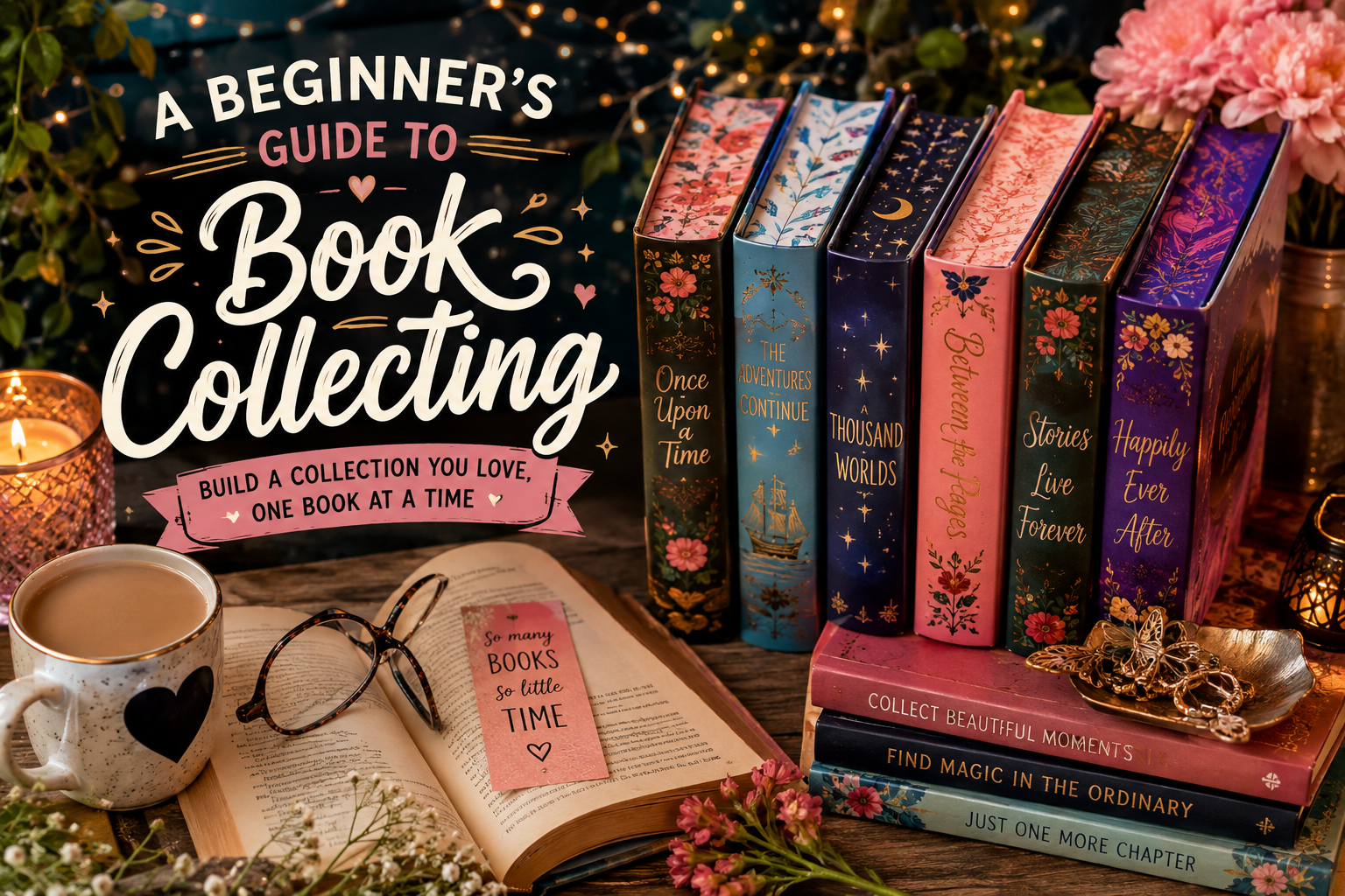 Colorful book collection with decorative covers, sprayed edges, and a cozy reading setup