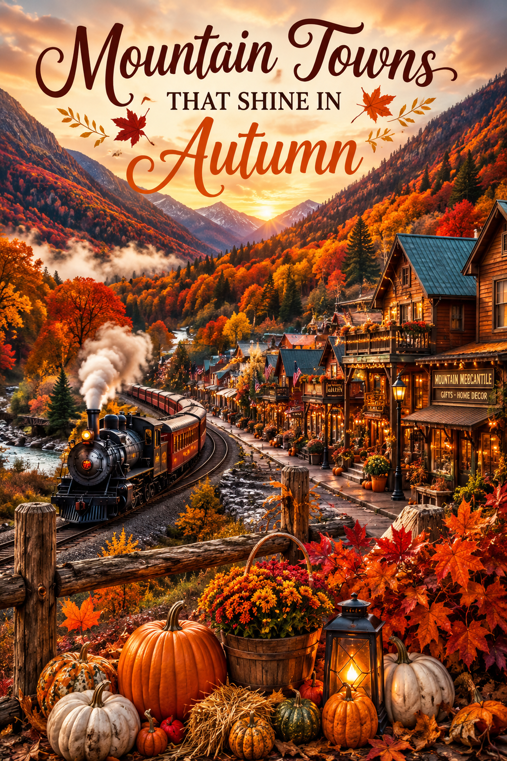 Colorful mountain town surrounded by vibrant autumn foliage with cozy shops, cabins, and scenic mountain views.