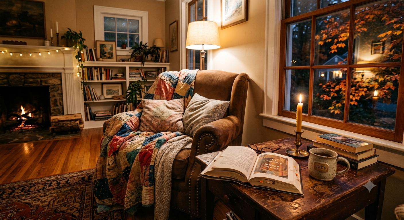 Cozy lived-in home scene with a book, candle, warm drink, and handmade quilt representing the simple comfort of hygge.