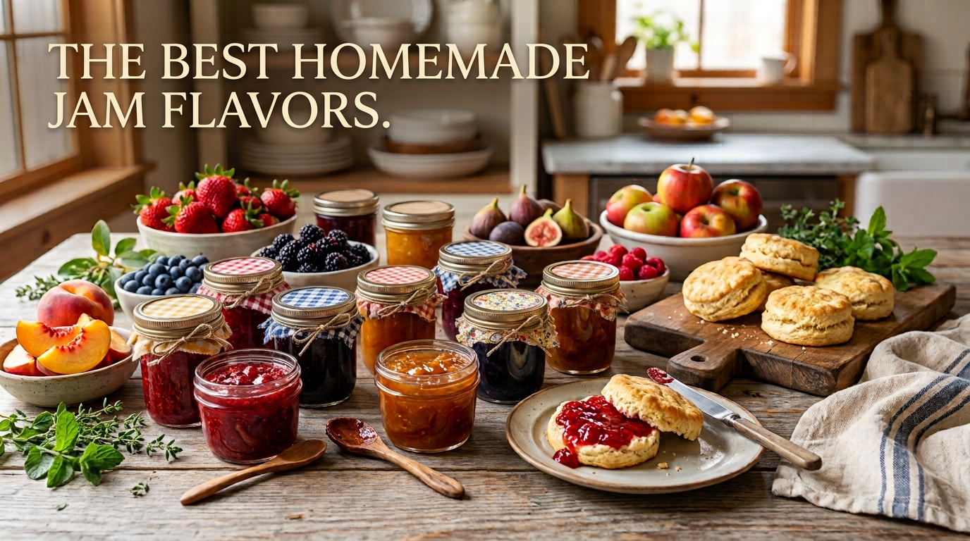 beautiful, photorealistic food-blog hero image for an article titled “The Best Homemade Jam Flavors.”