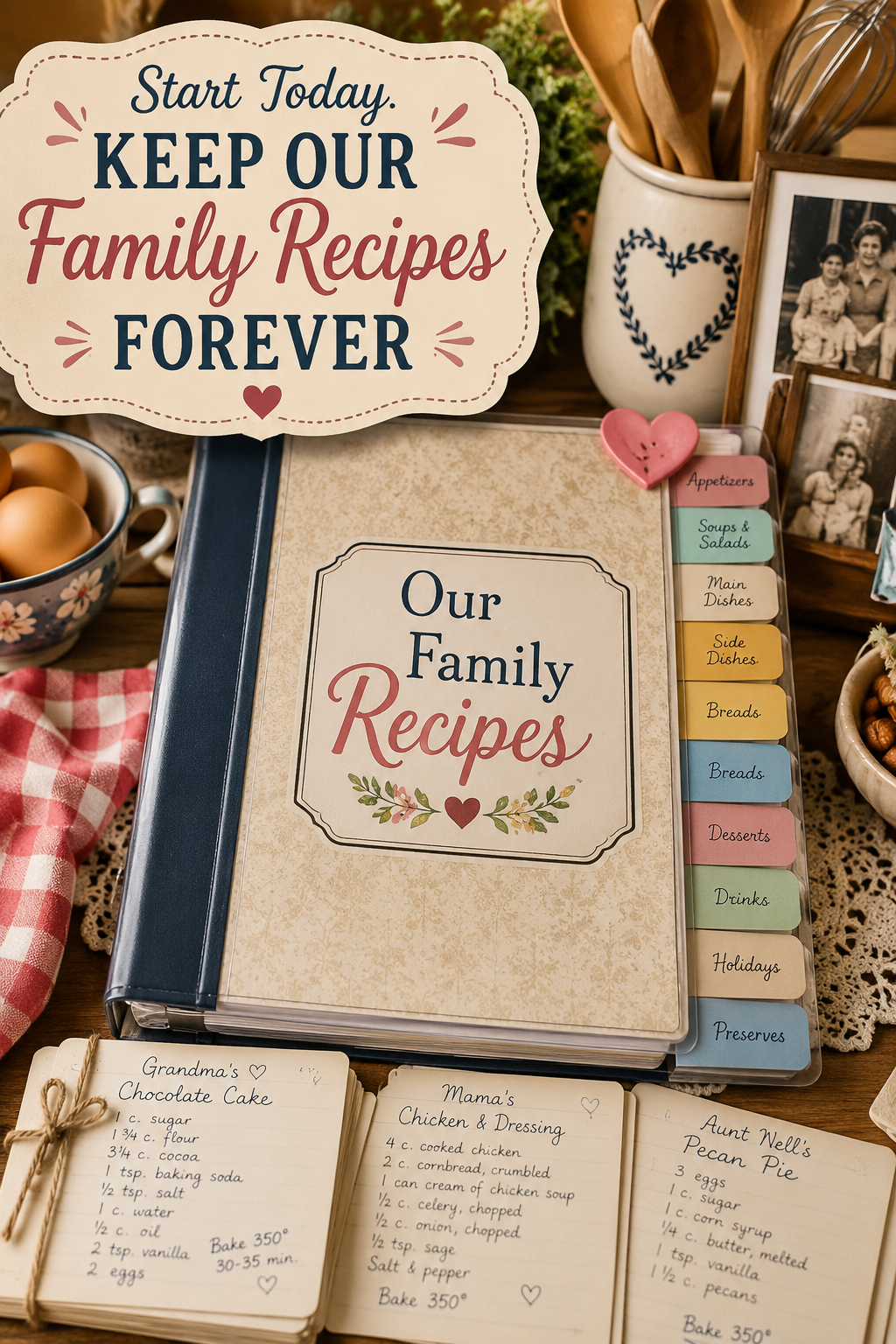 Cozy family recipe binder surrounded by handwritten recipes, vintage family photos, and kitchen items.