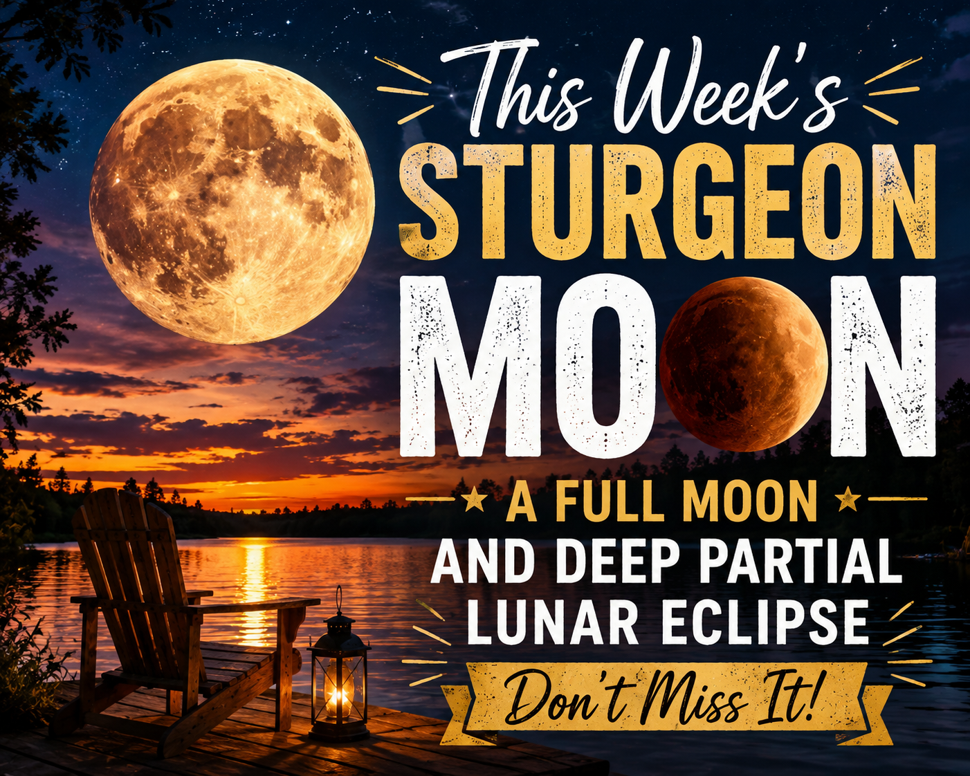 Sturgeon Moon glowing over a Texas lake at sunset with a wooden chair and lantern on a dock.