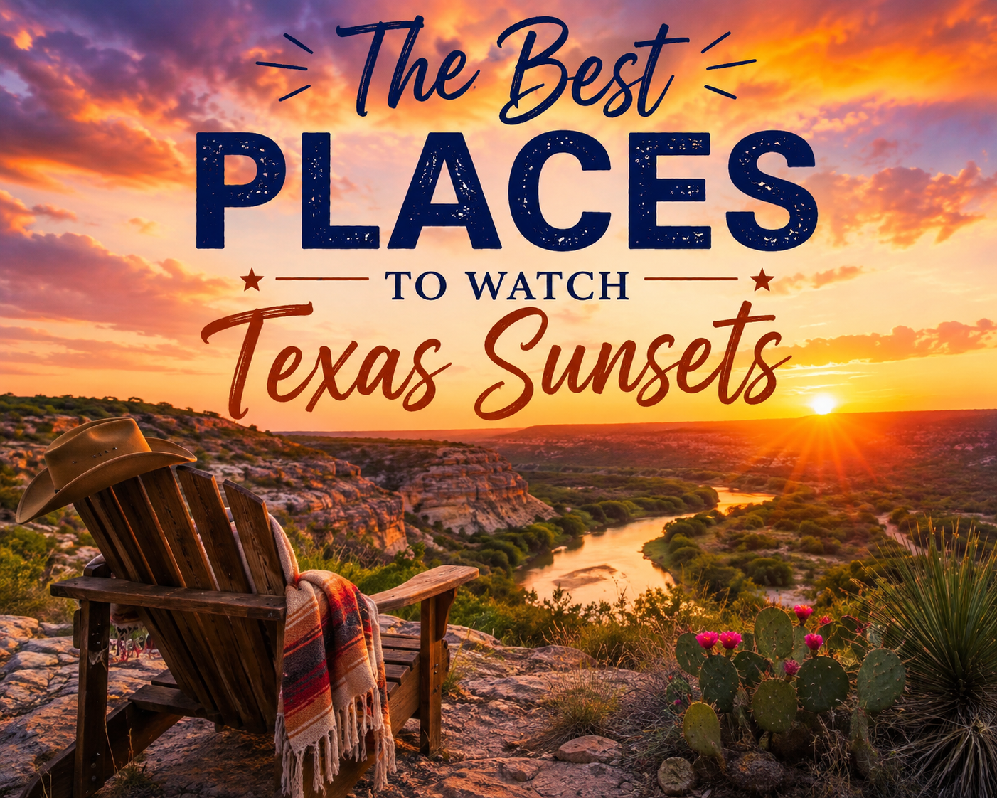 Texas sunset over a rugged canyon with a river, cowboy hat, and wooden chair overlooking the colorful landscape.