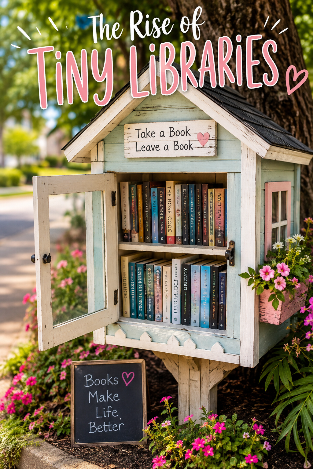 Tiny pastel-blue library filled with books, surrounded by flowers, with “Take a Book, Leave a Book” sign.