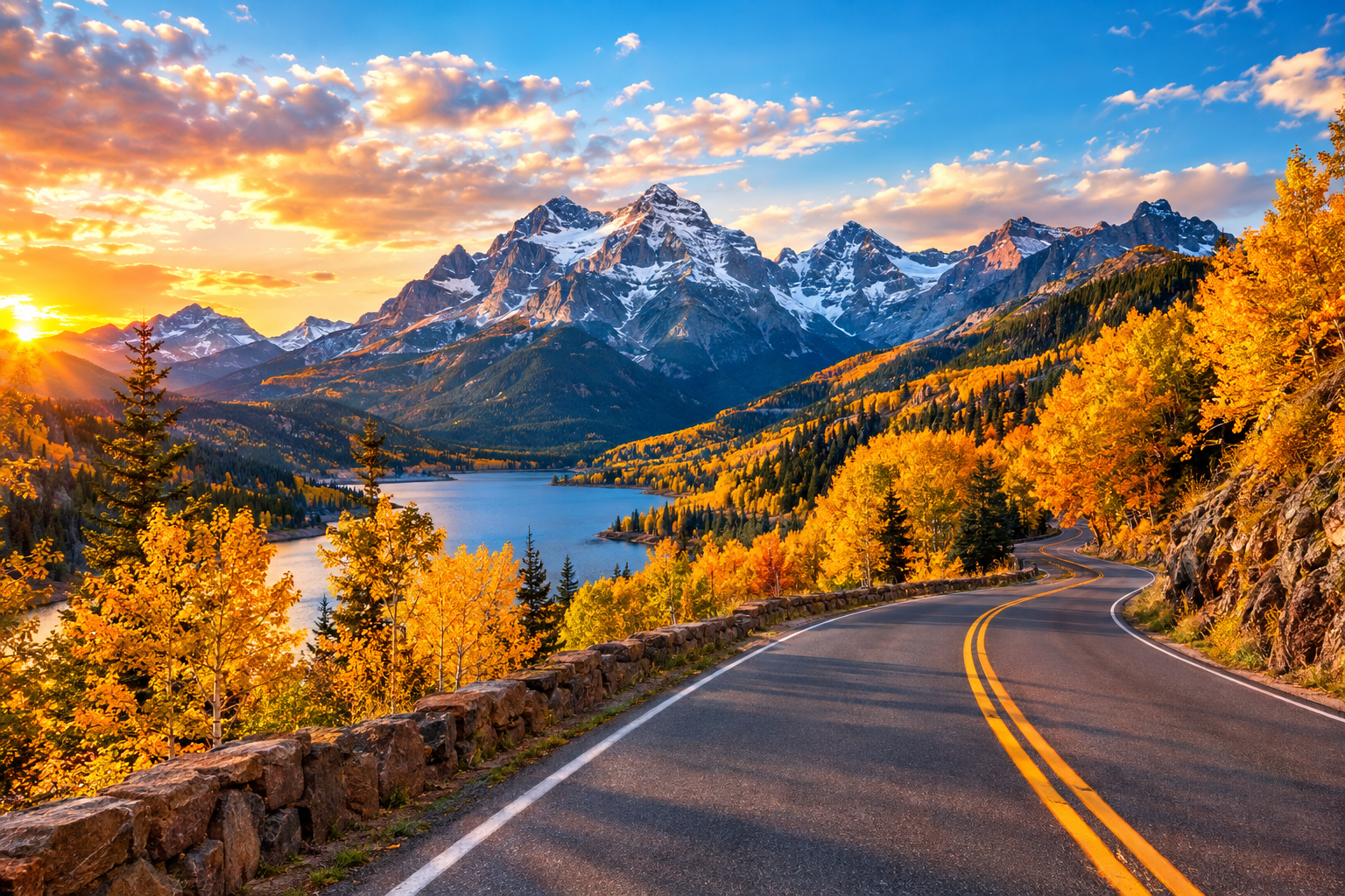 Golden autumn road winding through a mountain landscape with vibrant fall foliage, a blue lake, and snow-capped peaks.
