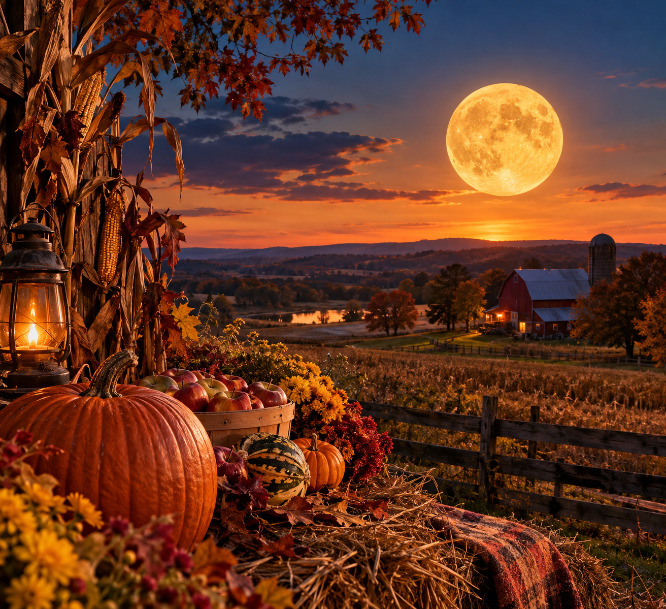 harvest moon rising over traditional fall setup