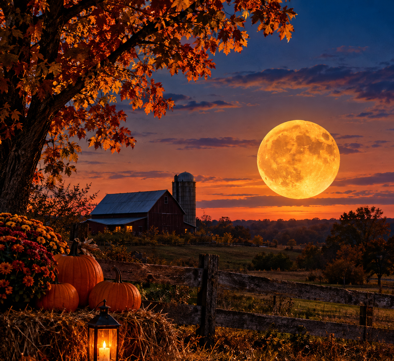 A glowing Harvest Moon rises over a rustic red barn and silo, surrounded by autumn trees, pumpkins, flowers, and a warm lantern at sunset.
