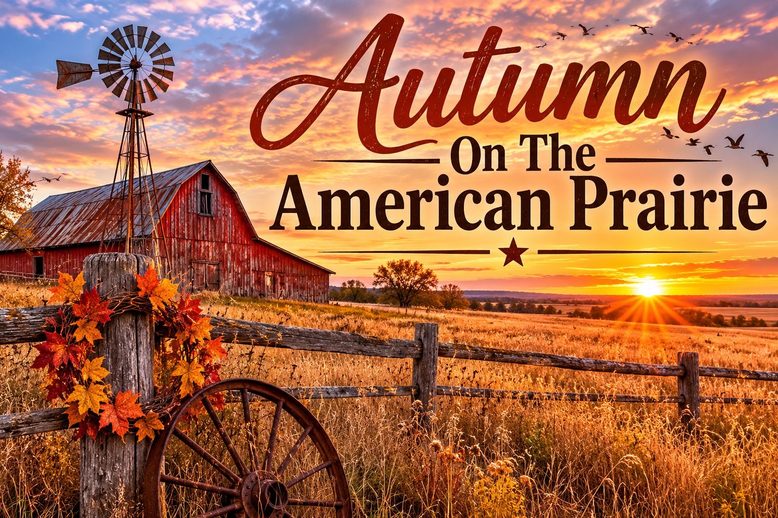 Autumn on the American prairie with golden grasses, a weathered red barn, an old windmill, wooden fencing, and a brilliant orange sunset.