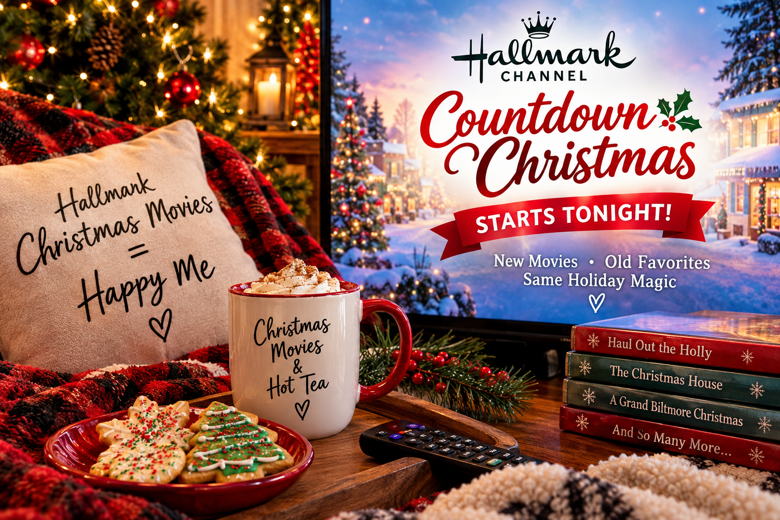 Cozy Christmas living room with a Hallmark Channel Countdown to Christmas graphic announcing “Starts Tonight!” A decorated Christmas tree, red plaid blanket, festive cookies, hot tea, and favorite Christmas movies, including Haul Out the Holly and The Christmas House, set the scene for the start of Hallmark