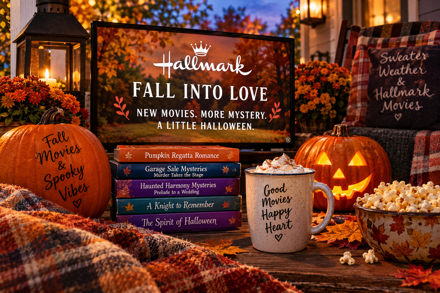Hallmark fall movie night display with pumpkins, autumn leaves, cozy blankets, popcorn, and featured Halloween movies including A Knight to Remember and The Spirit of Halloween.