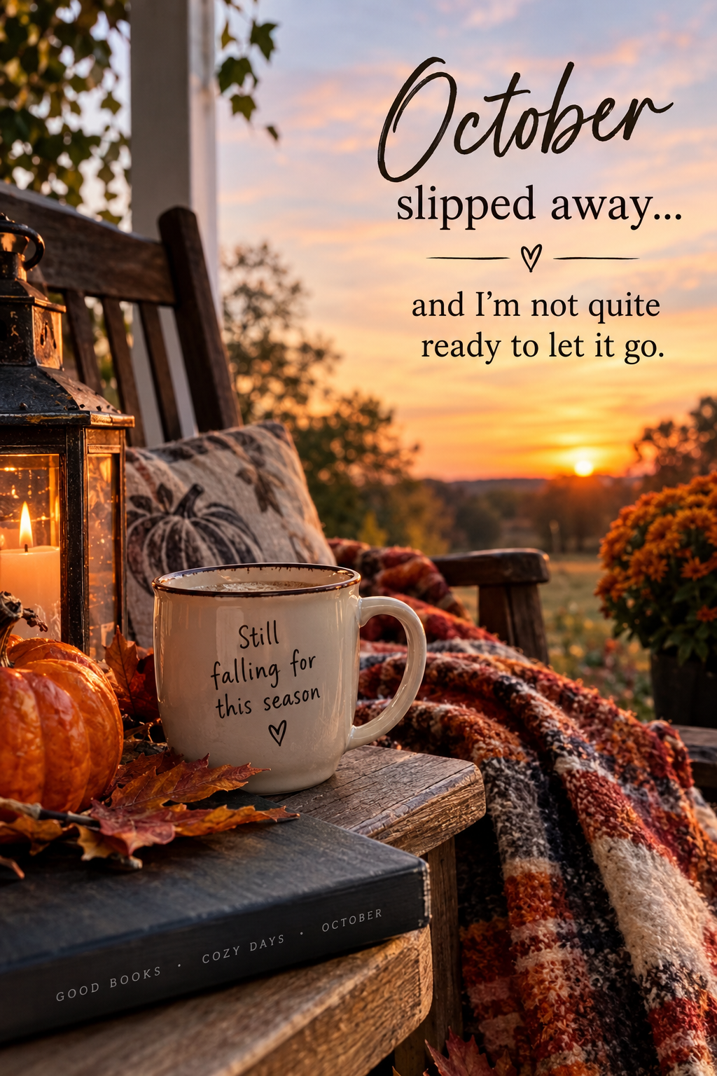 Cozy autumn porch at sunset with glowing lantern, pumpkins, a warm mug, and the headline “October Slipped Away, And I’m Not Quite Ready To Let It Go.”