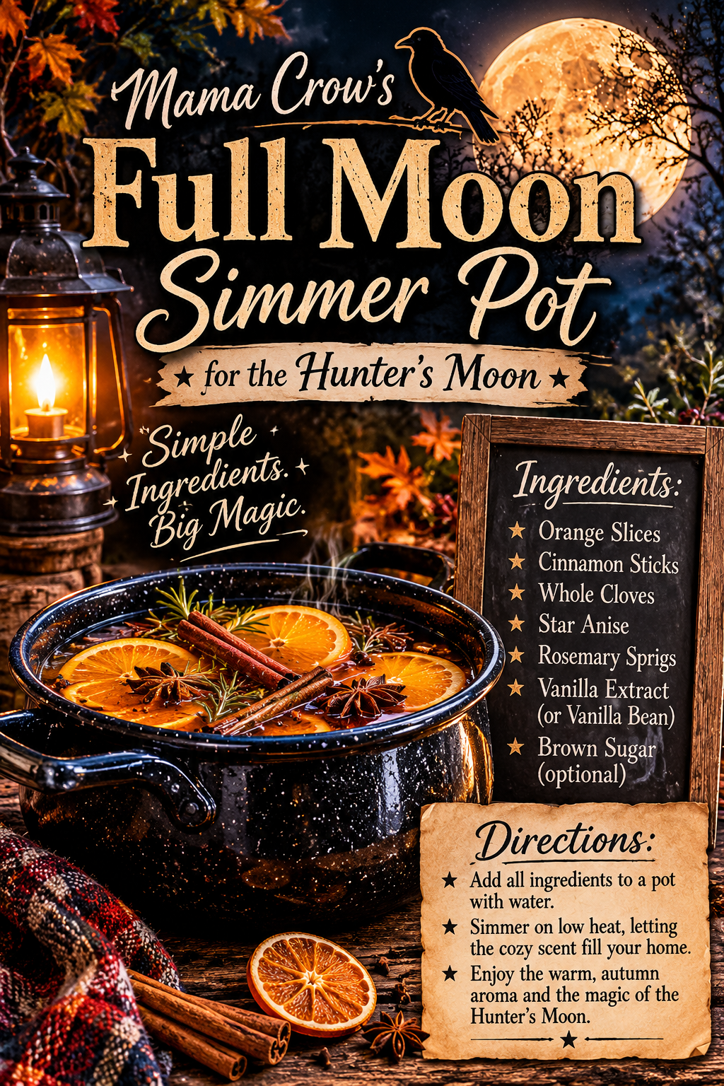 Mama Crow’s Full Moon Simmer Pot recipe card featuring orange slices, cinnamon sticks, cloves, star anise, and rosemary for a cozy autumn cleansing ritual.
