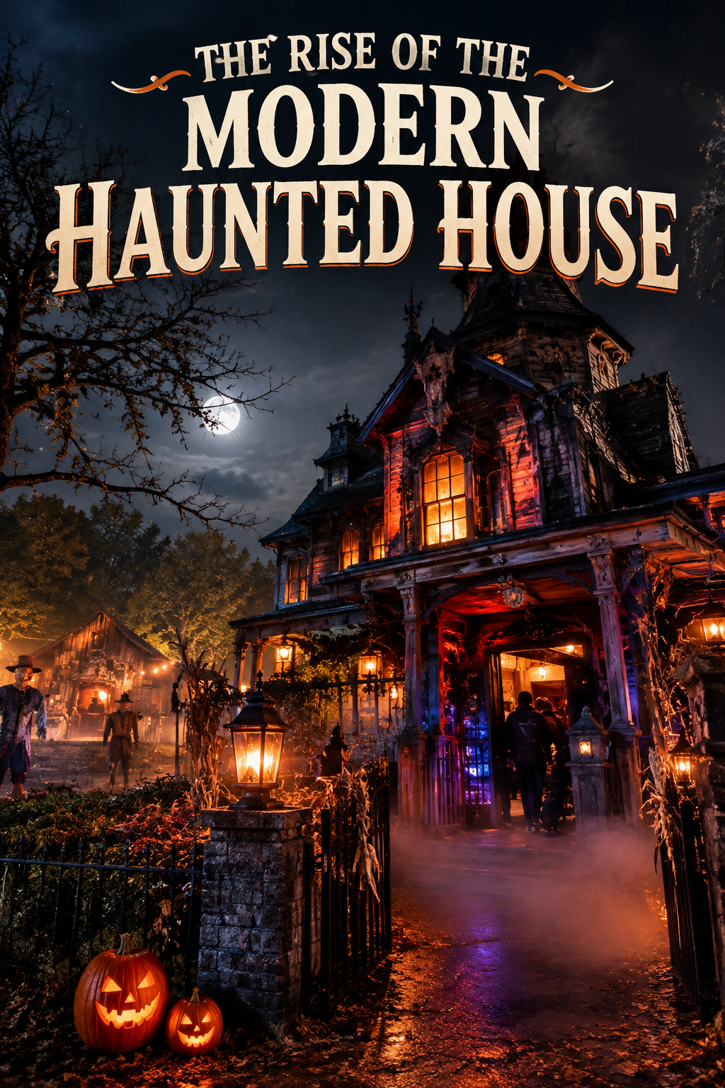 A dramatic modern haunted house attraction with glowing windows, jack-o'-lanterns, twisted trees, and eerie October fog.