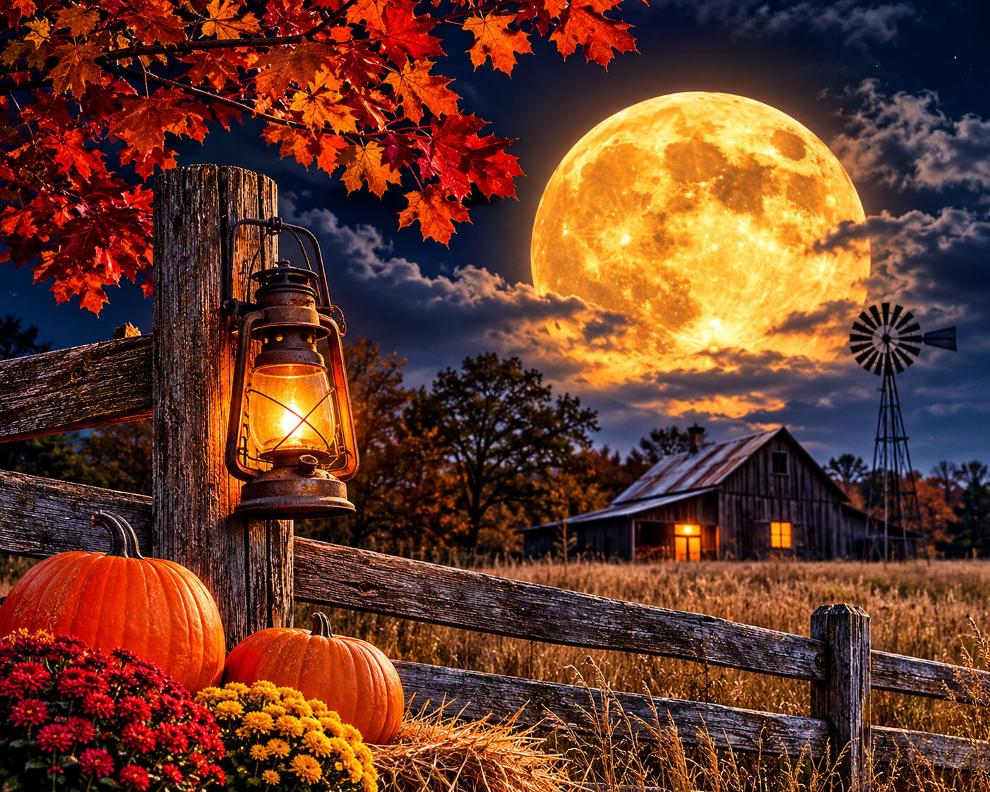 Glowing golden Hunter’s Moon rising over a rustic autumn countryside barn, with fiery orange leaves, pumpkins, wildflowers, and a vintage lantern illuminating a wooden fence.