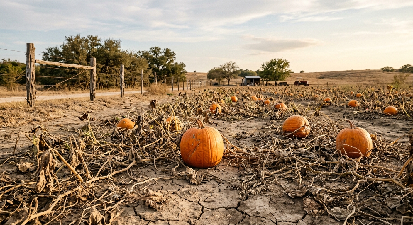 Drought-damaged pumpkin vines and surviving pumpkins in a dry Central Texas field.