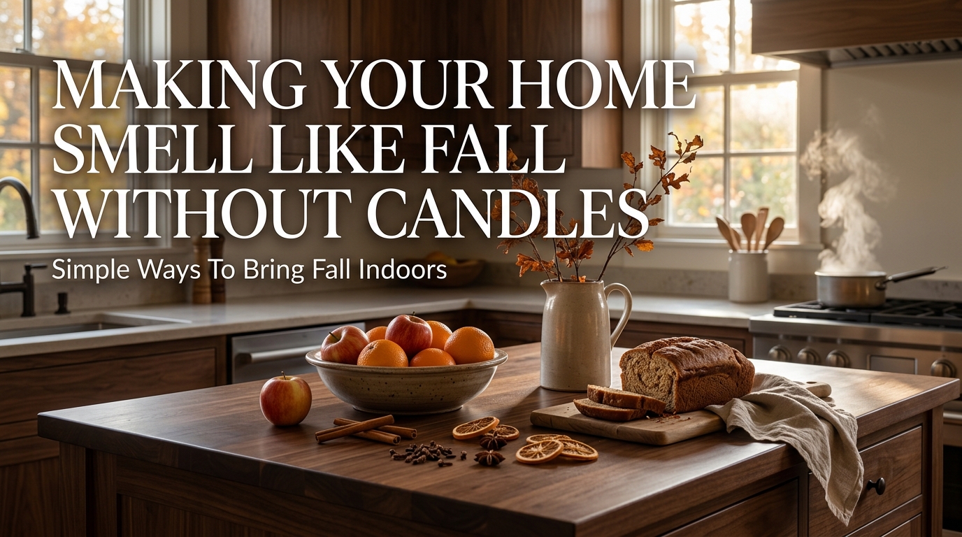 Cozy Southern kitchen with apples, oranges, cinnamon, cloves, and a simmer pot creating natural fall scents.